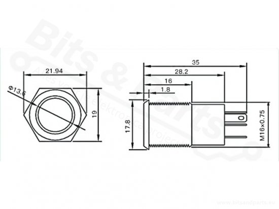 Drukknop (aan/uit) metaal IP65 waterdicht rond 16mm rood